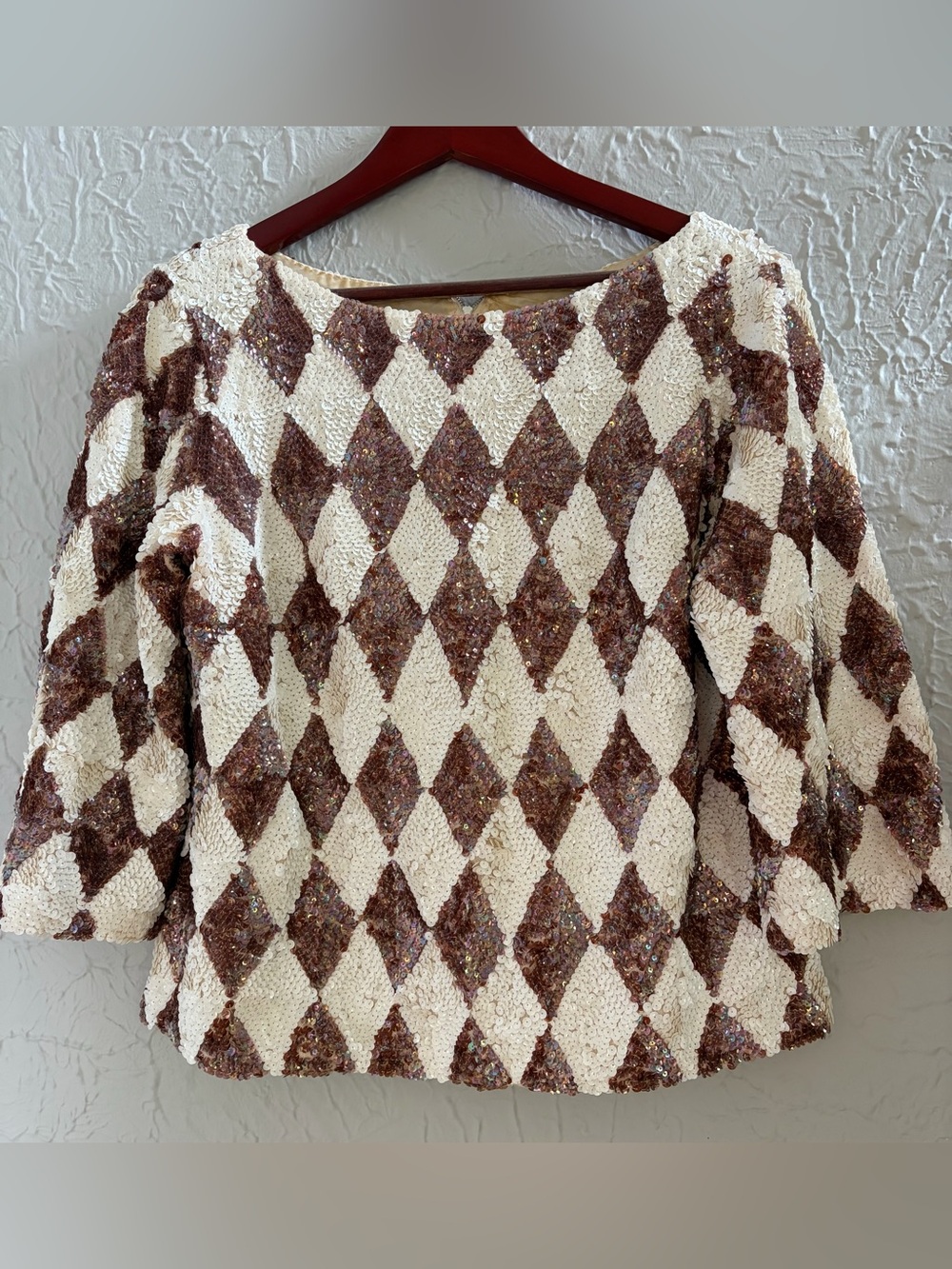 Vintage 1960s Valentina Ltd Harlequin Sequin Top Wool Mod Glam Diamond Medium